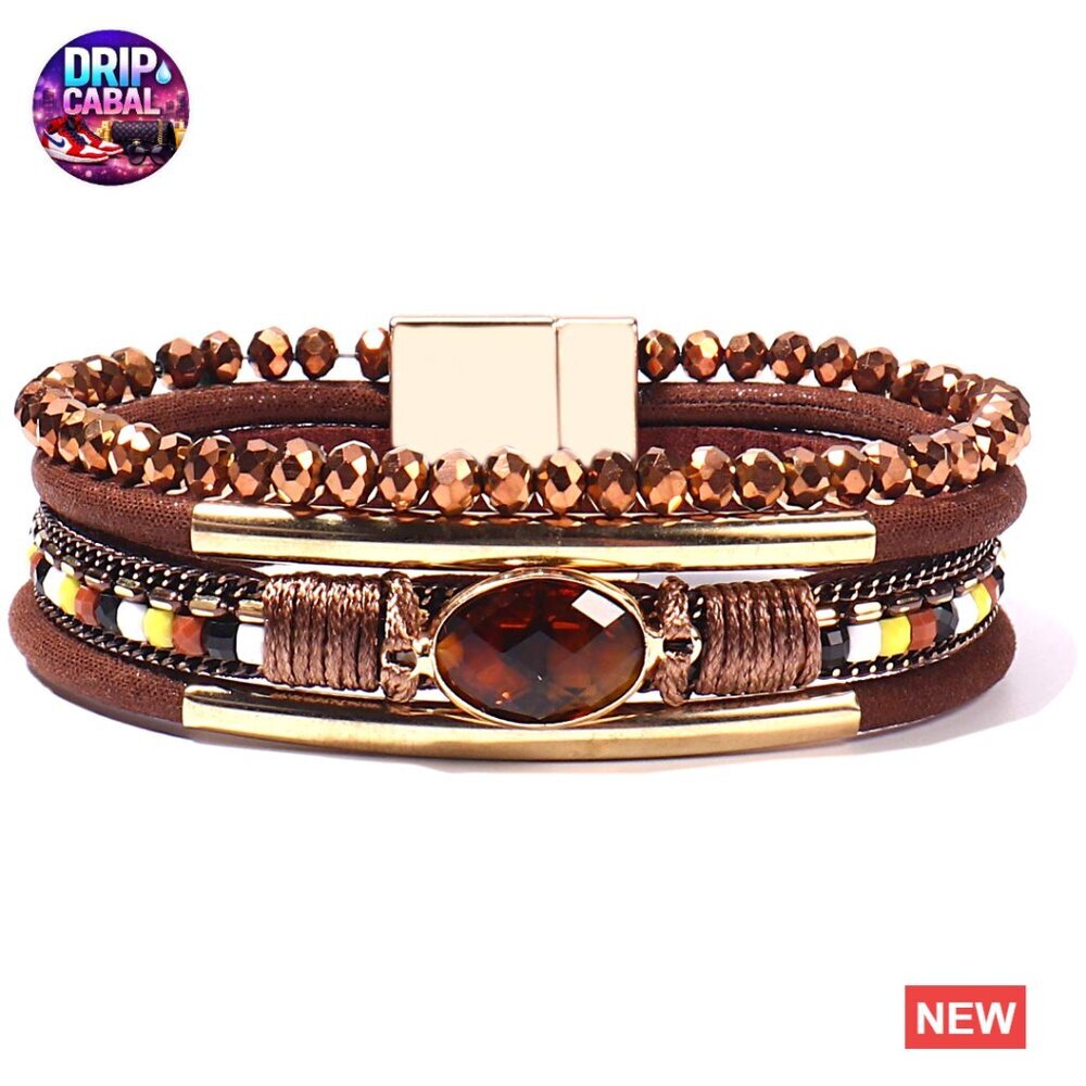 Boho Leather Wrap Bracelet Crystal Beads Cuff Stone Charm Adjustable Clasp